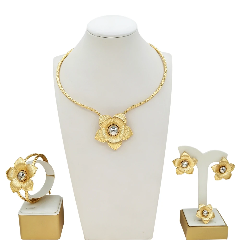 Brazil Gold Plated 4Pcs Flower Jewelry Set Women Two‑Tone Floral Necklace Earrings Bracelet Ring African Wedding Party Jewellery