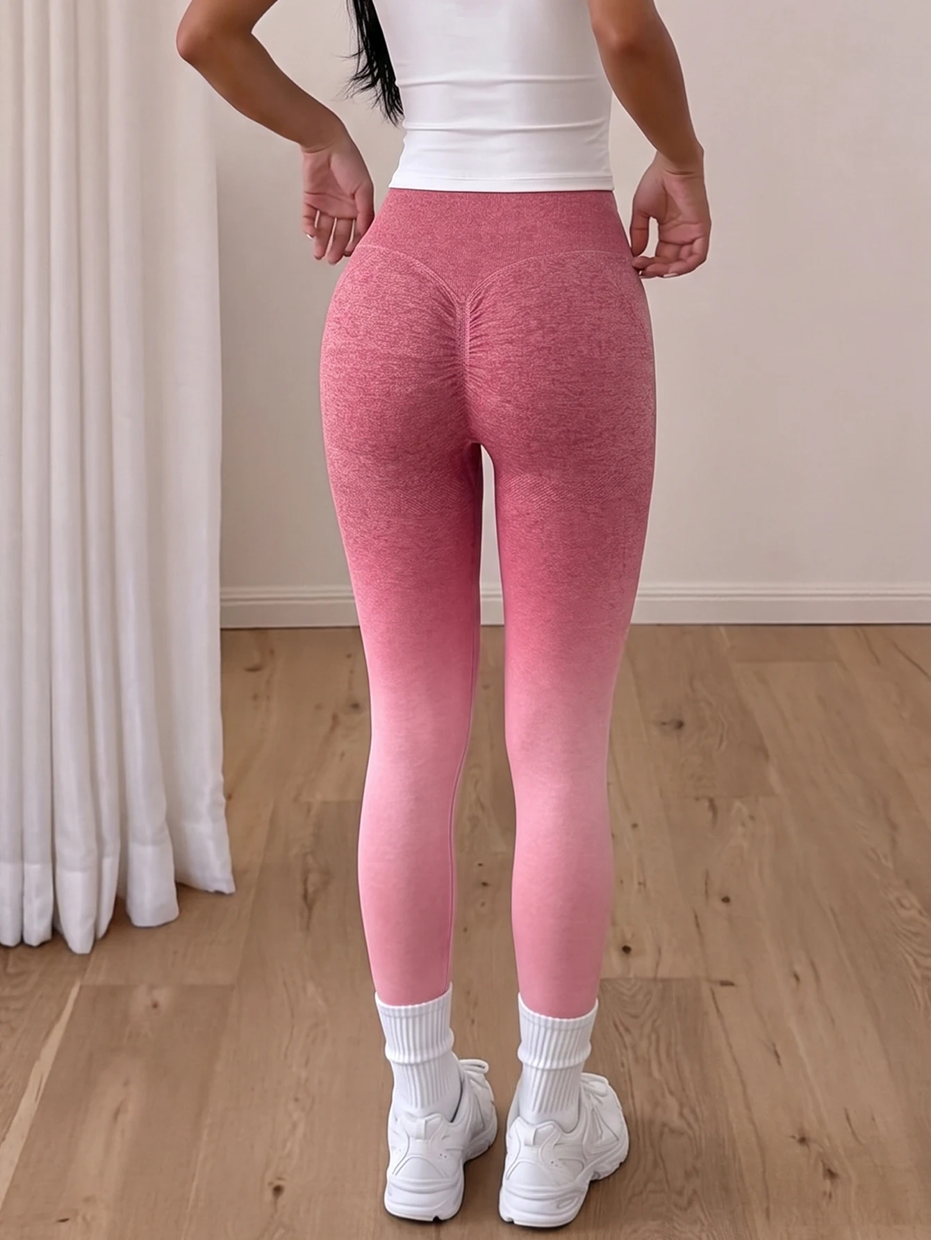 Ombre Pink Gradient Yoga Pants Women High Rise Tummy Control Butt Lifting Fitness Leggings Breathable