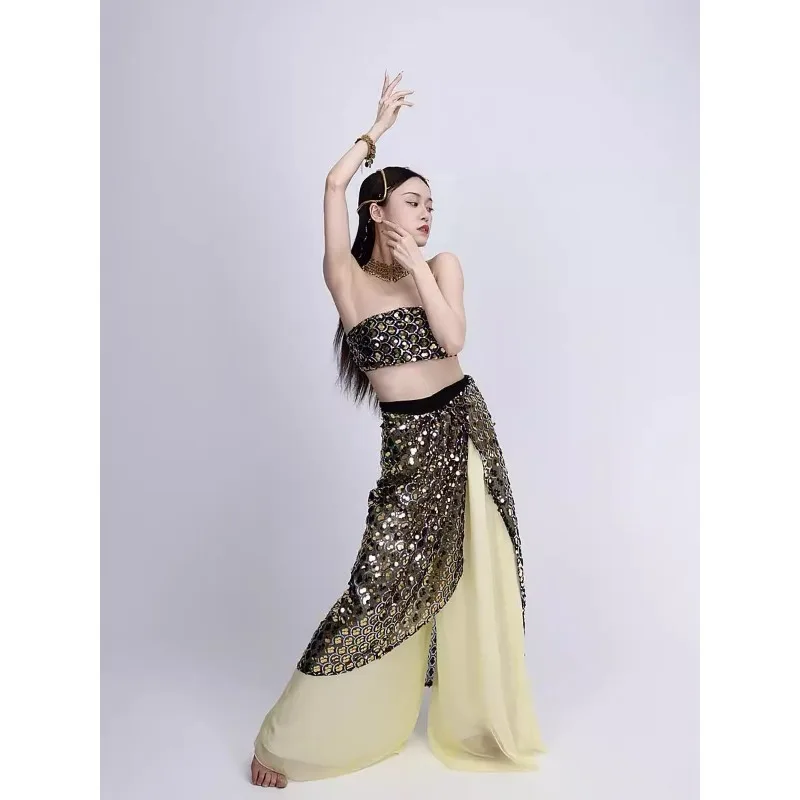 customized belly dance costumes clothes performance suit shiny strapless with chest cushion hip cloth and double layered pants