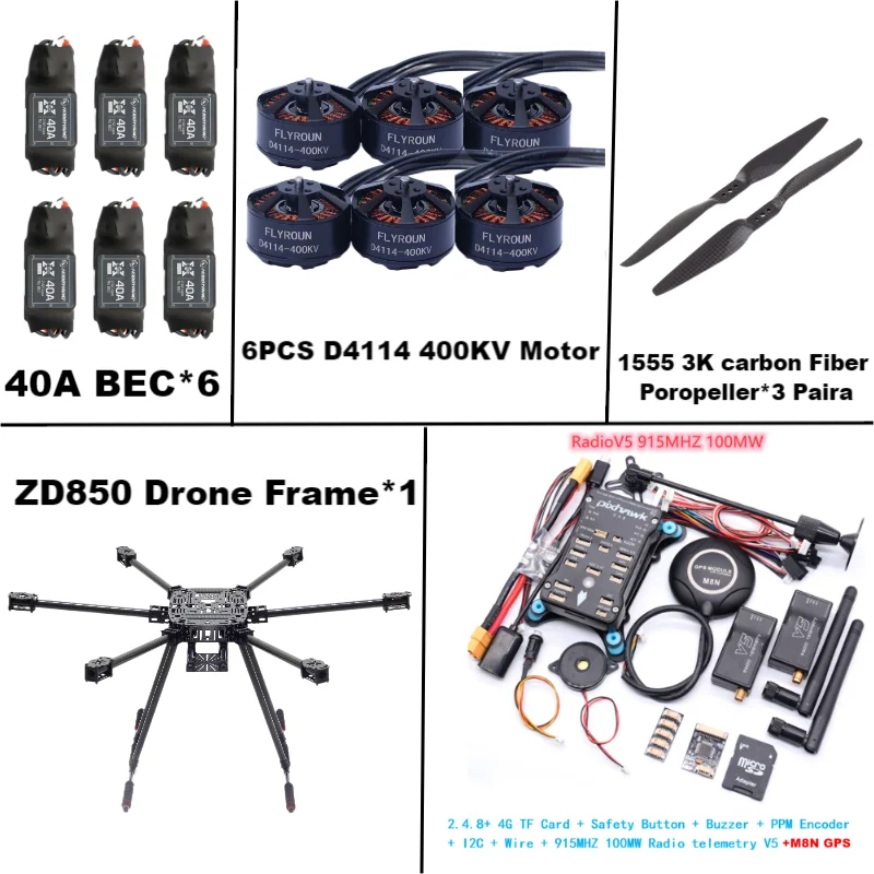 ZD850 Pixhawk 2.4.8 M8N Full Carbon Fiber 850mm Hexa-Rotor Frame BLHELI 40A ESC Flight Comtrol Rado Telemetry  Set