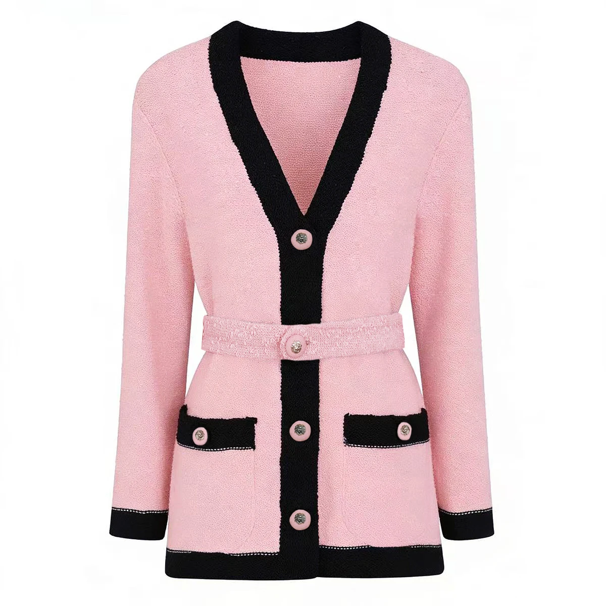 

2672 High End Women Knitted Cardigan Spring Autumn V-Neck Button Design Long Sleeve Fashion Commuter Outerwear Coat
