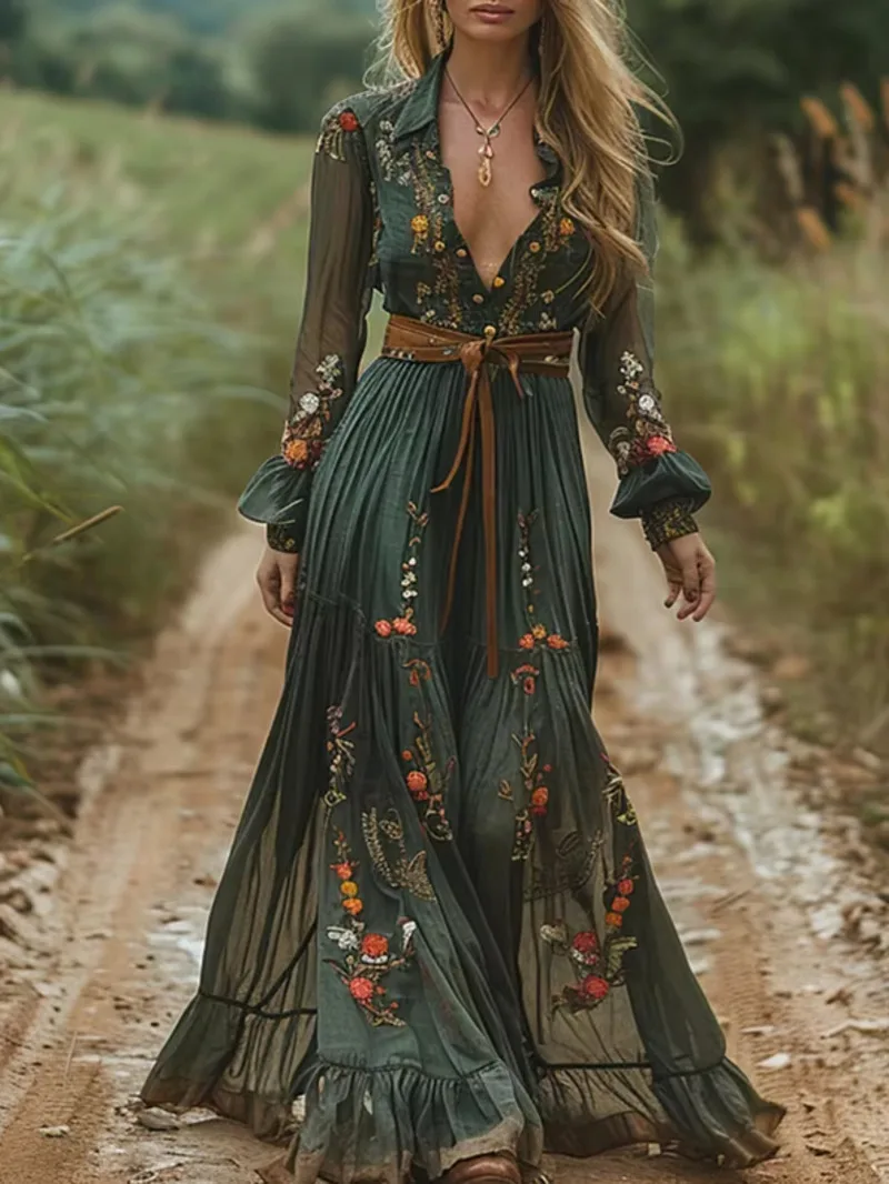 ヴィンテージパターンプリント長袖女性ドレスカジュアル V ネックハイウエストプリーツ秋ドレスエレガントなルーズボヘミアンドレス B7Q