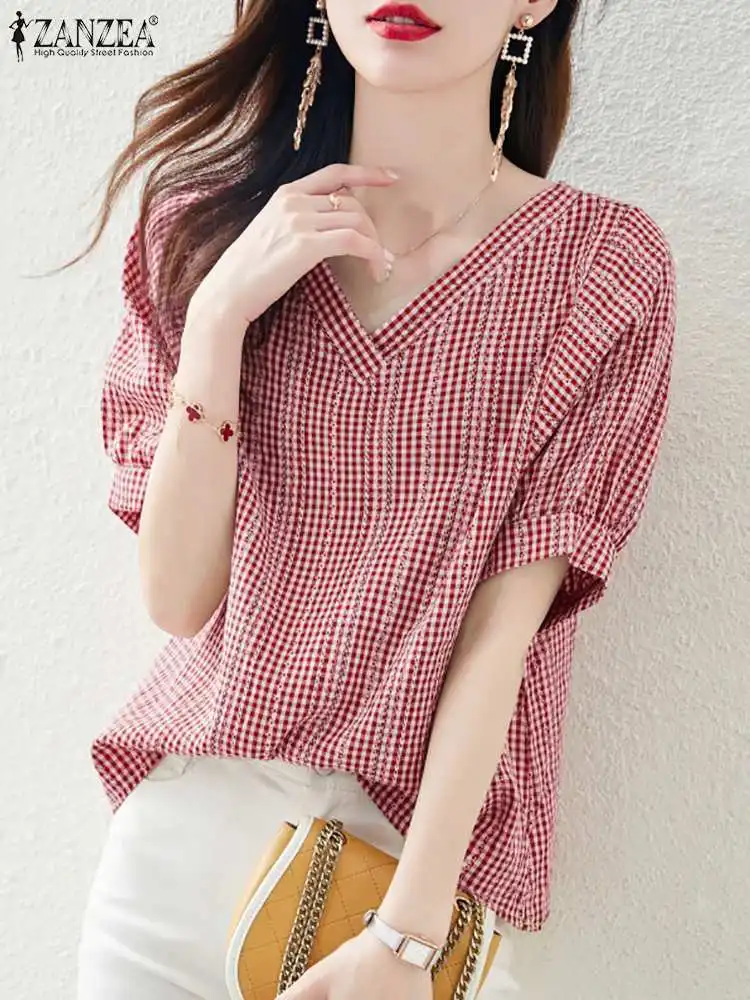 2024 ZANZEA Korean Fashion Summer Women V Neck Short Sleeve Blouse Casual Bohemian Holiday Shirt Party Blusas Plaid Checked Tops