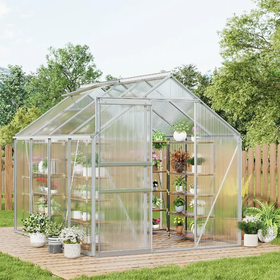 Walk-in Outdoor Polycarbonate Greenhouse Kit: durable polycarbonate panels, green frame, easy assembly and weather-resistant de