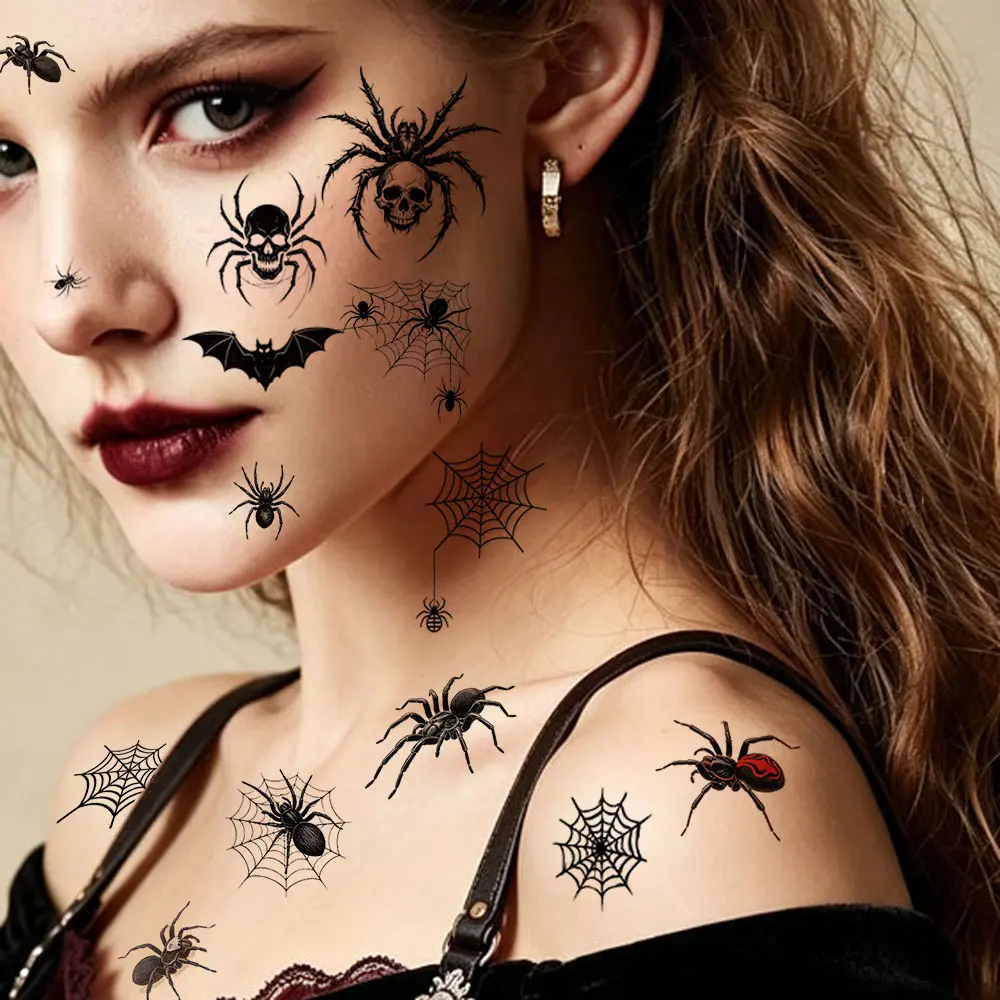 10 Sheets Spider Halloween Tattoos Stickers Spider Web Body Stickers Temporary Tattoos Body Makeup Prank Halloween Party Cosplay