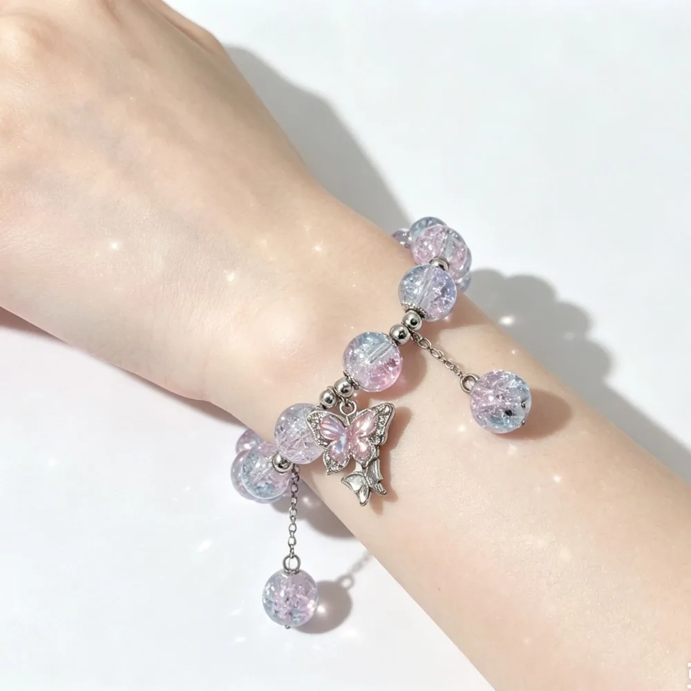 Ins Style Floral Butterfly Glass Bead Bracelet, Unique Gift for Friends Female Classmates