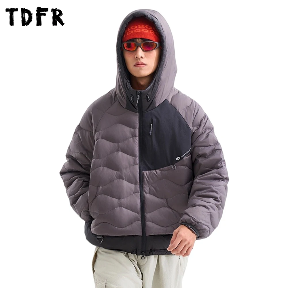 

Color Block Hooded Down Jacket Mens Letter Print Winter Thick Safari Style Drawstring Hem Long Sleeve Spliced Padded Jacket Man