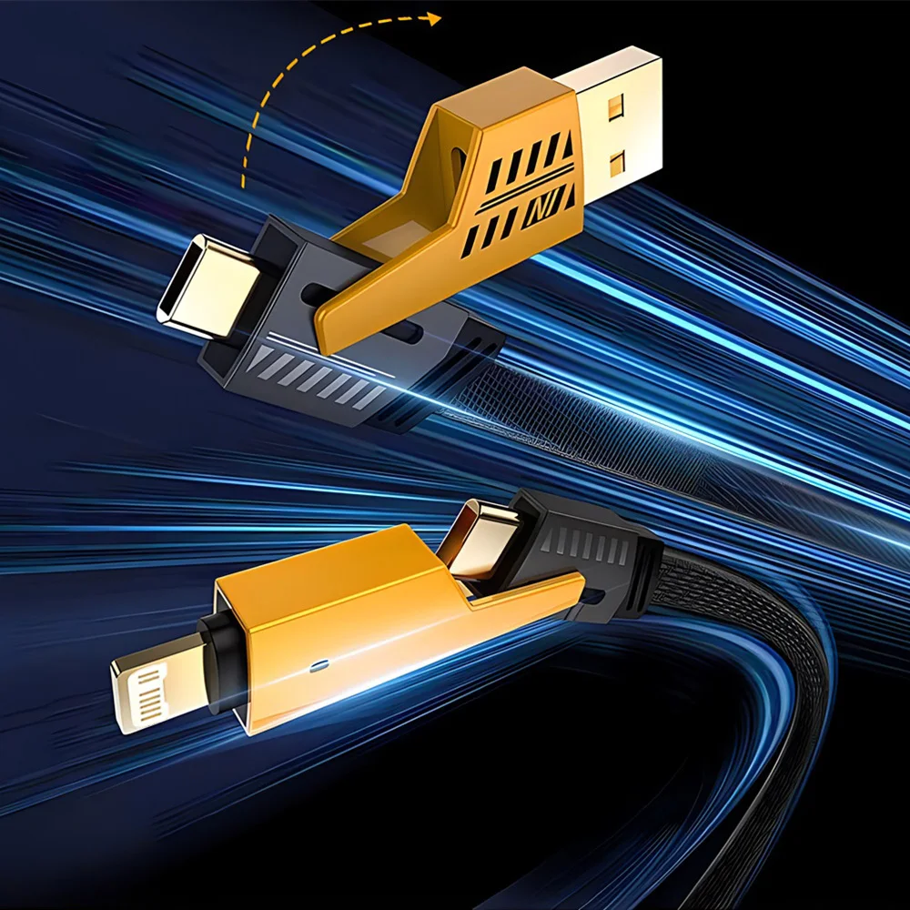 2025 New Mecha Four-in-one 6A Fast Charging Data Cable Yellow and Black Braided Double Typec Two-to-two Charging Cable