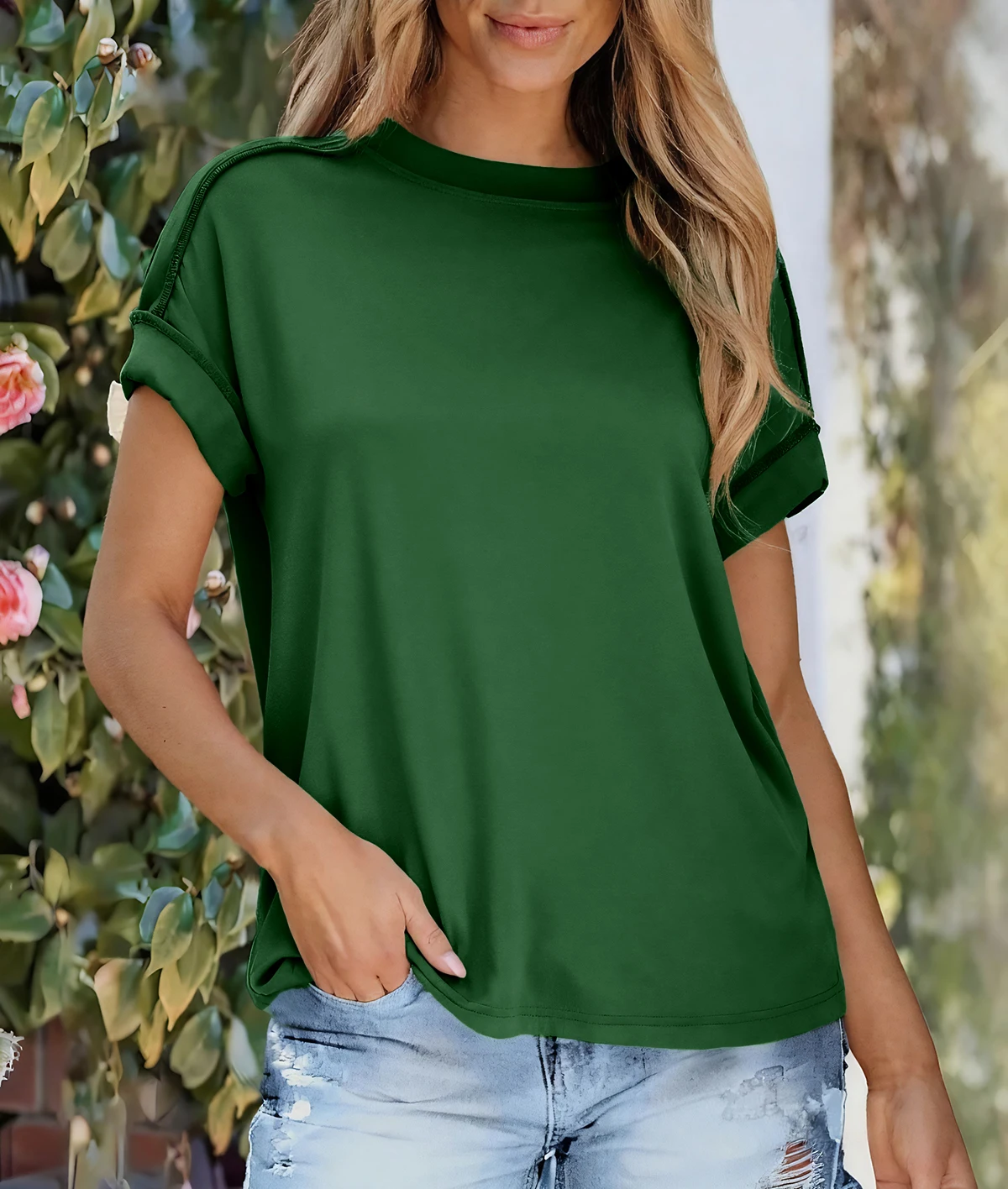 Summer Women Short Sleeve T-shirt Round Neck Loose Casual Rolled Sleeve Soft Basic Tops Streetwear