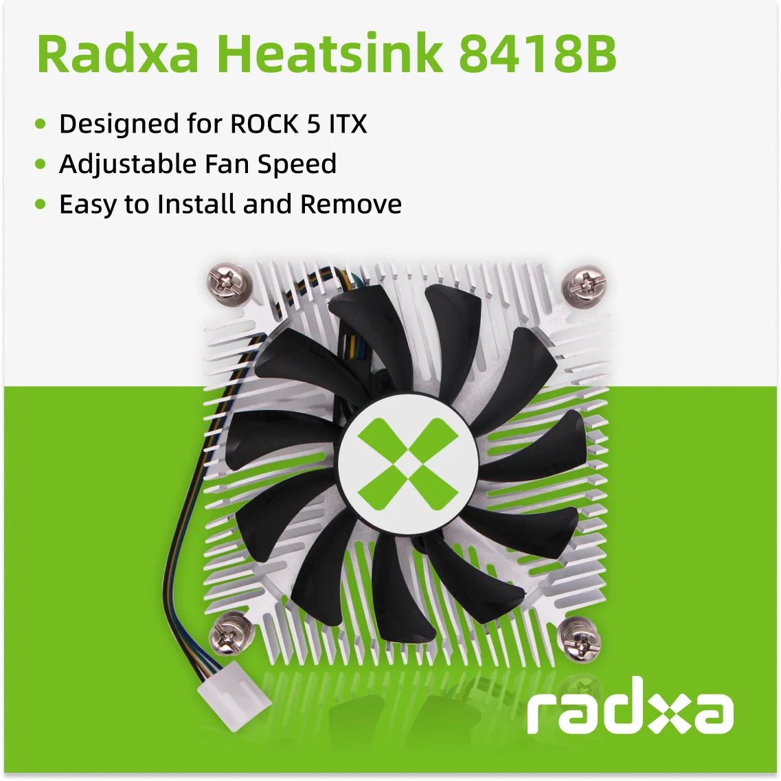 Radxa Heatsink 8418B, Designed For ROCK 5 ITX, Adjustable Fan Speed, Easy To Install And Remove.
