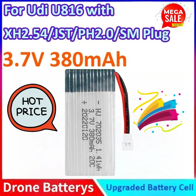 

3.7V 380mAh 702035 High Capacity RC Drone Battery UAV Battery Charger Lipo Battery for Udi U816 with PH2.0/SM/XH2.54/JST Plug