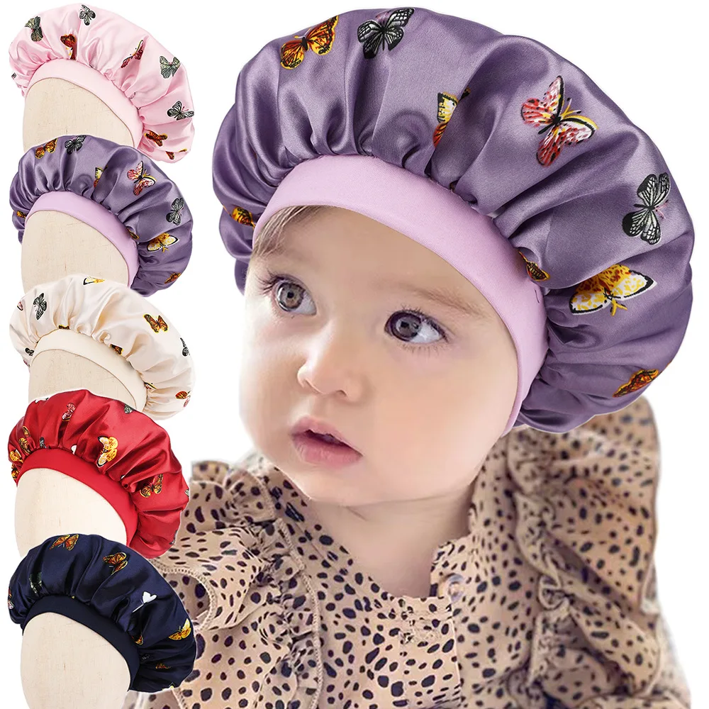 Children's Satin Silky Baby Bonnet Night Sleep Cap Adjustable Children Hat Butterfly Print Big Bonnet For 2-8Y Kids Curly Hair