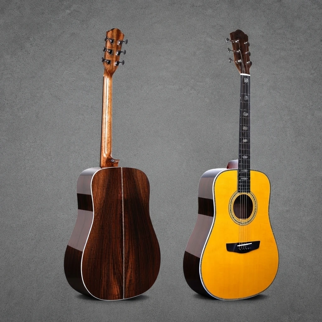 All-Solid Dreadnought Guitar, Acoustic Style, Dark Fingerboard, Abalone Shell Inlay, Vintage Yellow for Stage and Daily Practice
