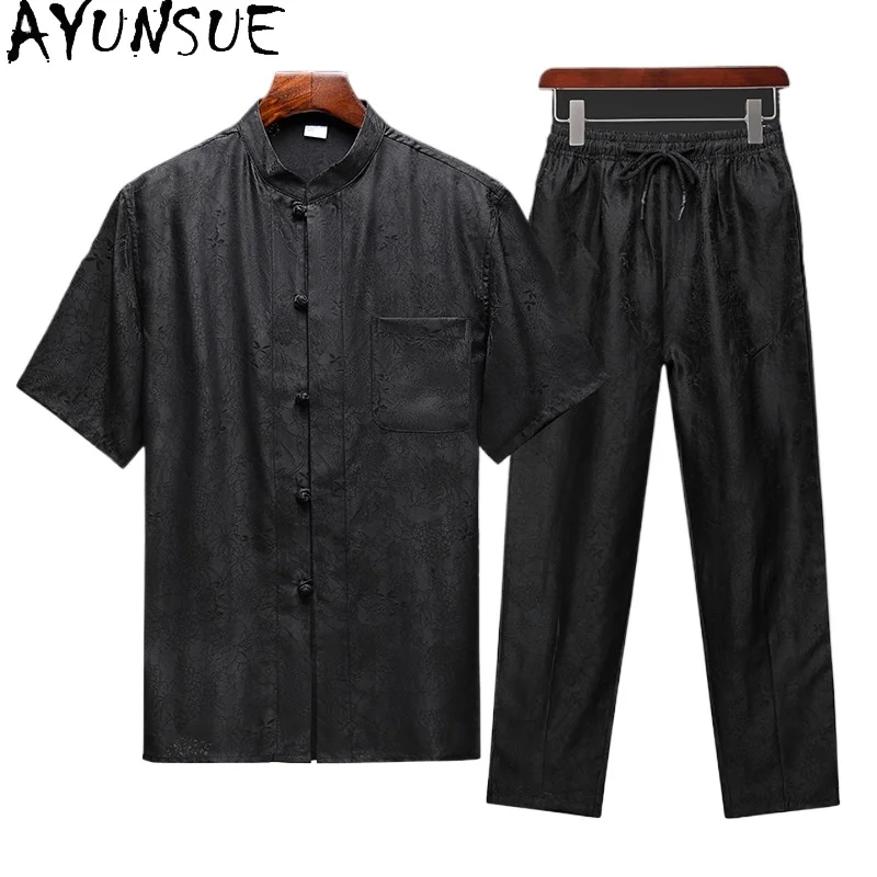 AYUNSUE High-end 100%Real Mulberry Silk Shirts Man Summer Short Sleeve Top Two Piece Set Outfit Luxury Watered Gauze Black Pants