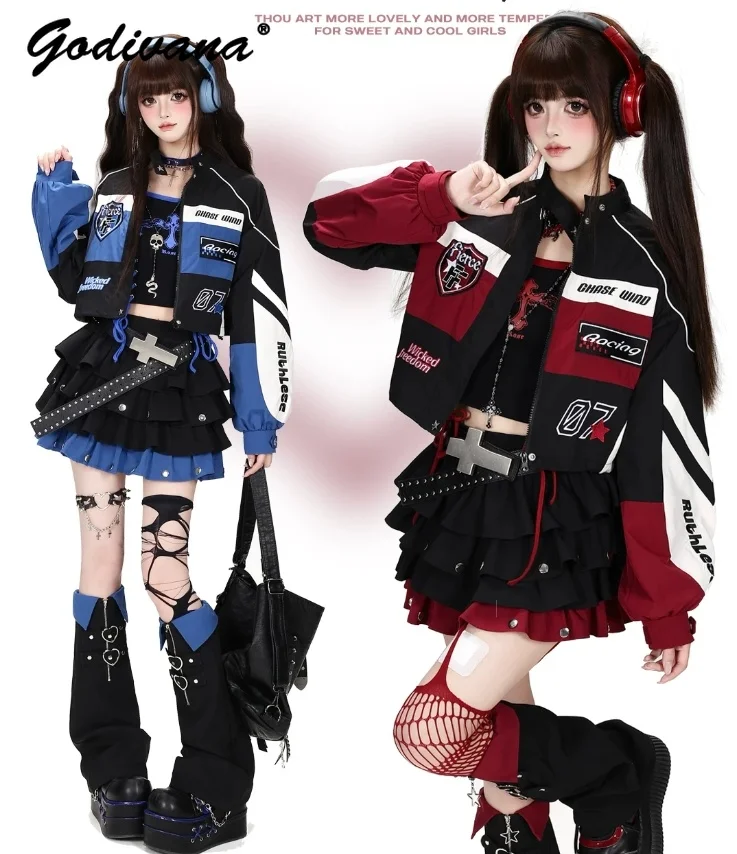 American Style Sweet Cool Y2k Girls Skirt Set Autumn New Women's Motorcycle Short Baseball Jacket Rivet Cake Skirt with Leg Warm
