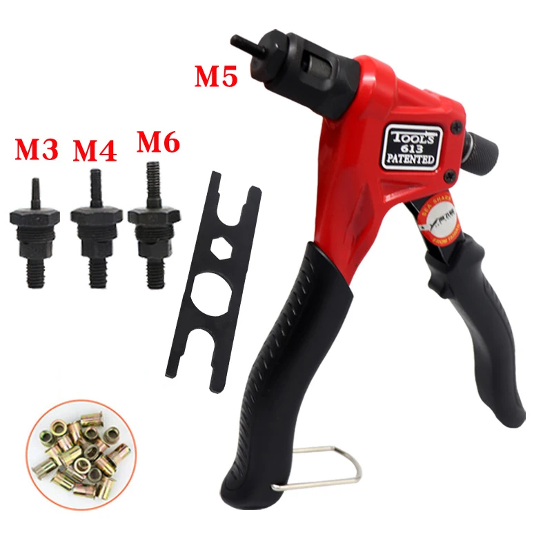 Hand Rivet Nut Kit with 4 Pcs Mandrels M3, M4, M5, M6, Easily Handling Riveting Rivet Gun Kit w Metric Nose Pieces