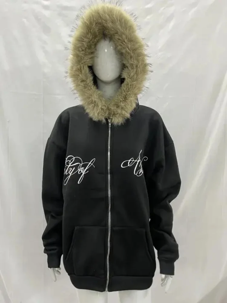 เสื้อฮู้ดฮาราจูกุสไตล์สตรีทแฟชั่น แต่งขนเฟอร์ ลายพิมพ์น่ารัก ซิปหน้า สไตล์อเมริกันเรโทร แขนยาว ลำลอง