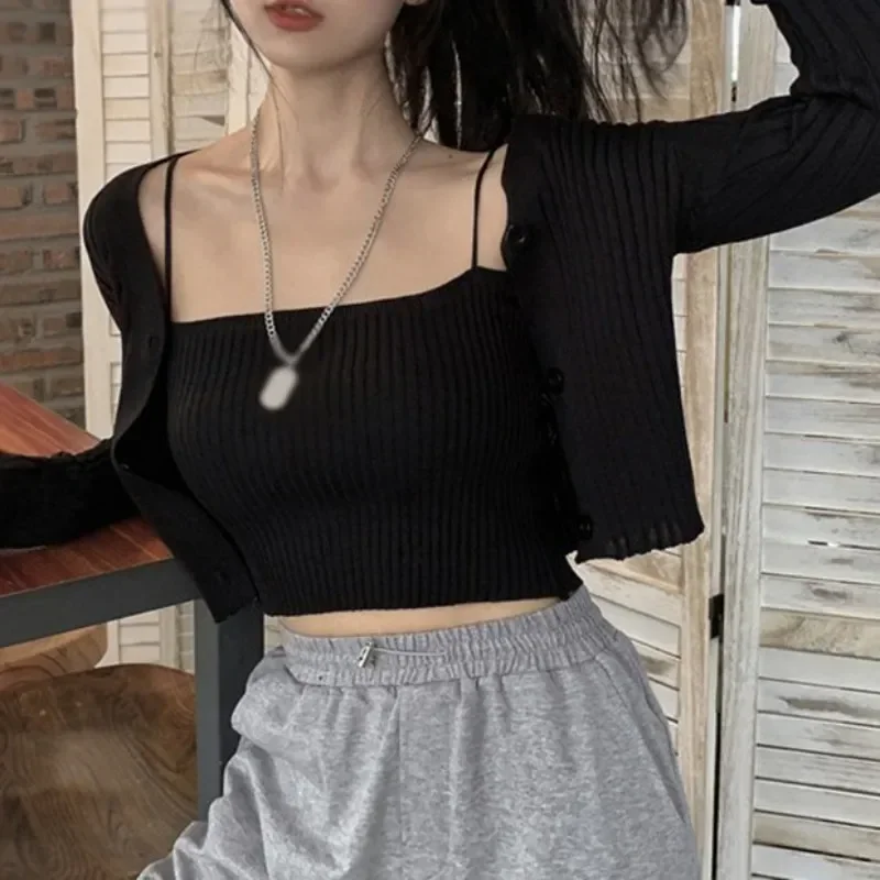 Women Knit Cropped Cardigan Casual Button Sweater Long Sleeve Shrug Knit Cardigan and Camisole Two-piece Tops Clothes for Women