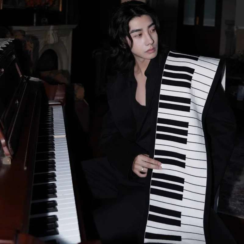 New Versatile Warm Scarf Japanese Style Piano Black White Key Scarf Men Imitation Rabbit Velvet Jacquard Shawl Ruffian Gentle - Image 3