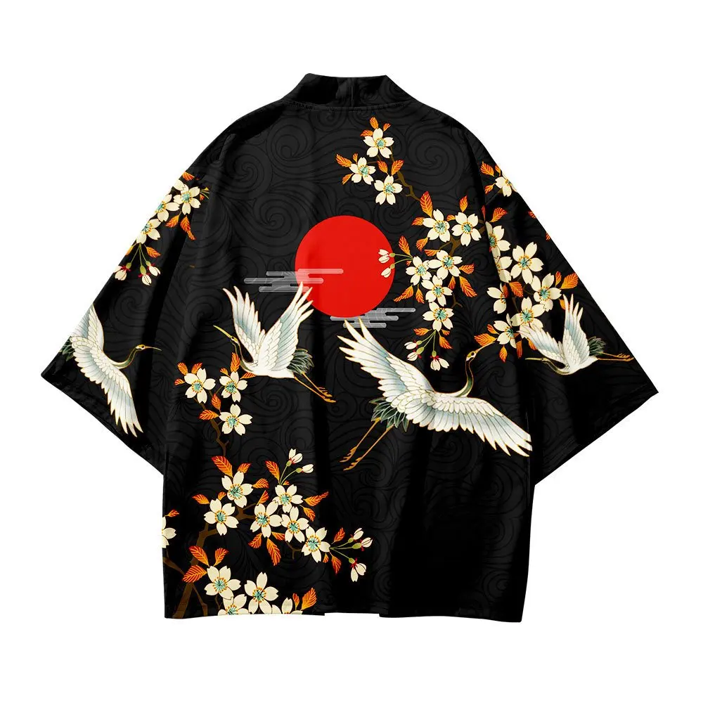 

Men's and Women's Beach Sunshirt Crane Pattern Shirt Three-Quarter Sleeve Hanfu Cardigan Loose Oversized Trendy Outdoor Style