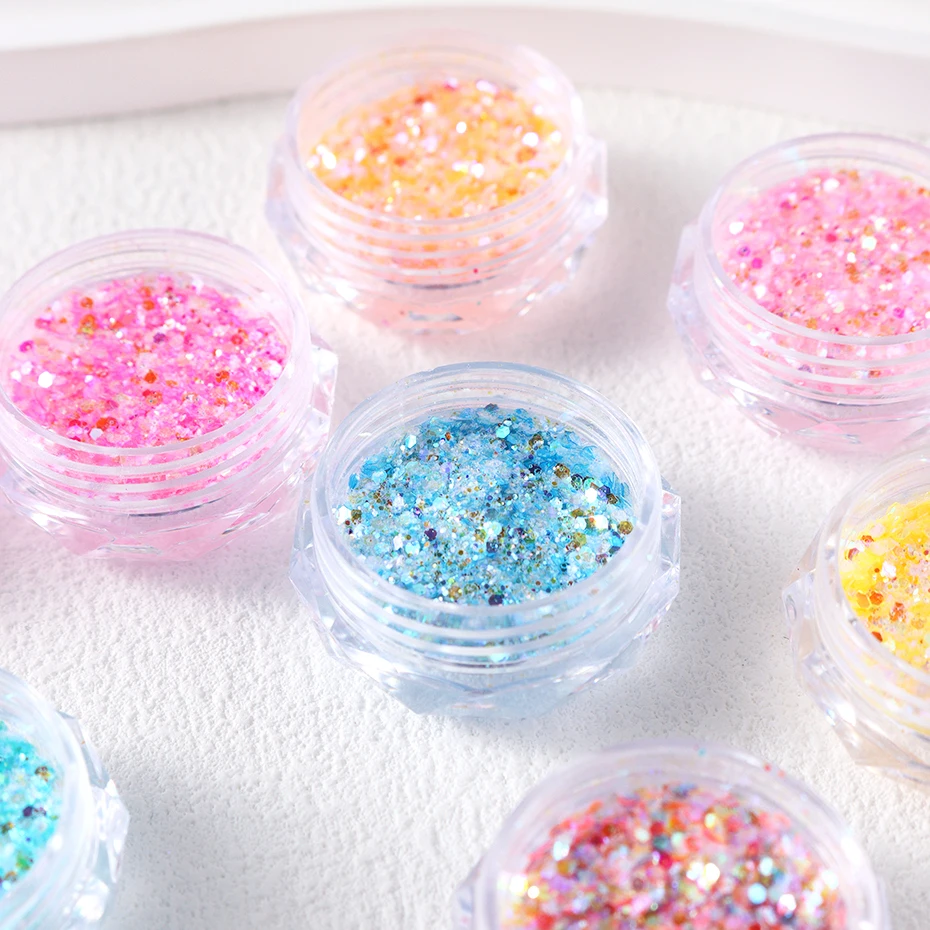 12 pçs sereia iridescente 3d prego glitter pó conjunto de cristal colorido brilhante arte do prego holográfico flocos finos hexágono lantejoulas de