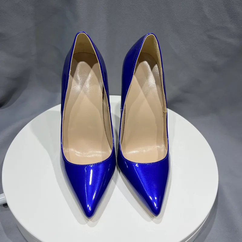 Tikicup Shiny Blue Women Patent Leather Pointy Toe High Heel Shoes for Evening Dress Formal Slip On Fashion Lady Stiletto Pumps