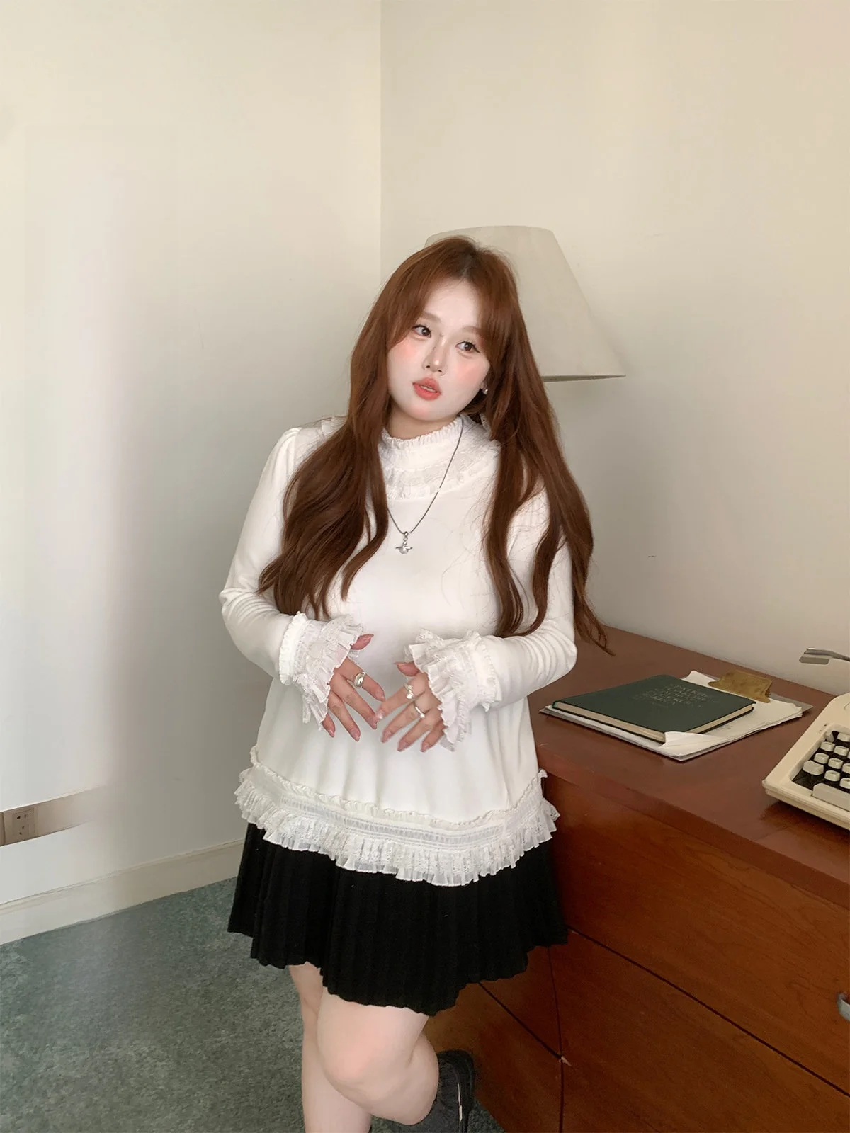 

Slimming Effectiven Large Size Knitted Top Women's Lace Splicing Base Layer plus Size Long Sve Spring New Sle irt