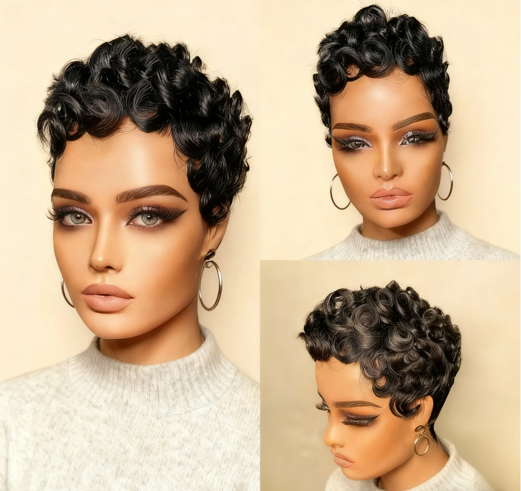 人毛ショートウィッグ ピクシーカット 機械製 ショートブラックレイヤードウェーブウィッグ 女性用 ピクシーウィッグ ブラジル産バージンショートレイヤード