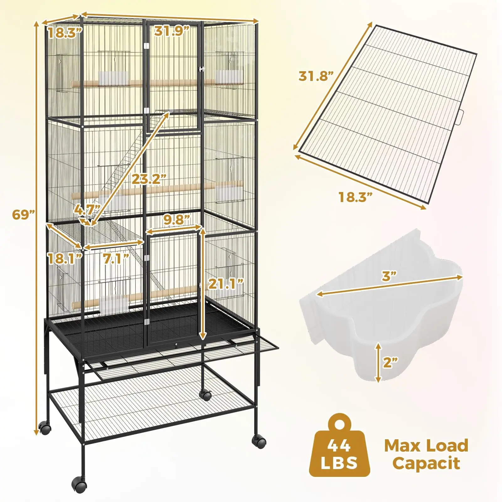 69-Inch Rolling Bird Cages with Storage Shelf – Large Parrot Cage for Macaws, Cockatiels, Conures, Parakeets, Budgies &
