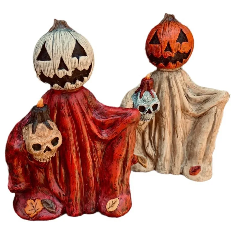 #￥Halloween resin crafts pumpkin head cape wizard home decoration porch tabletop ornament