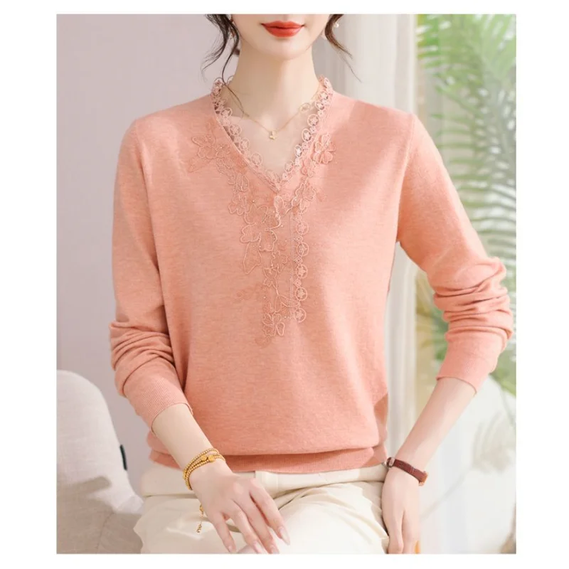 

Сплошной цвет с длинными рукавами и кружевным воротником для женщин, вязаная базовая рубашка, топ