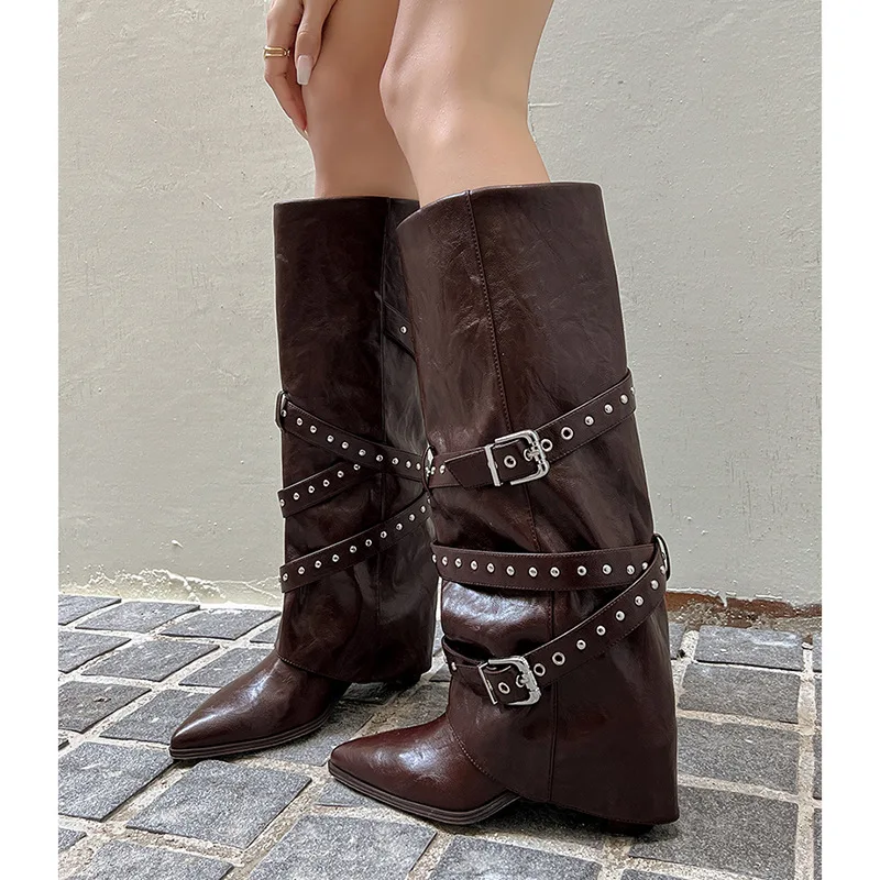 Women Knee High Boots Wide Shaft Pant Boots Rivet Chunky Heel Pointed Toe Slouch Boots Black Brown Plus Size 35-43F520