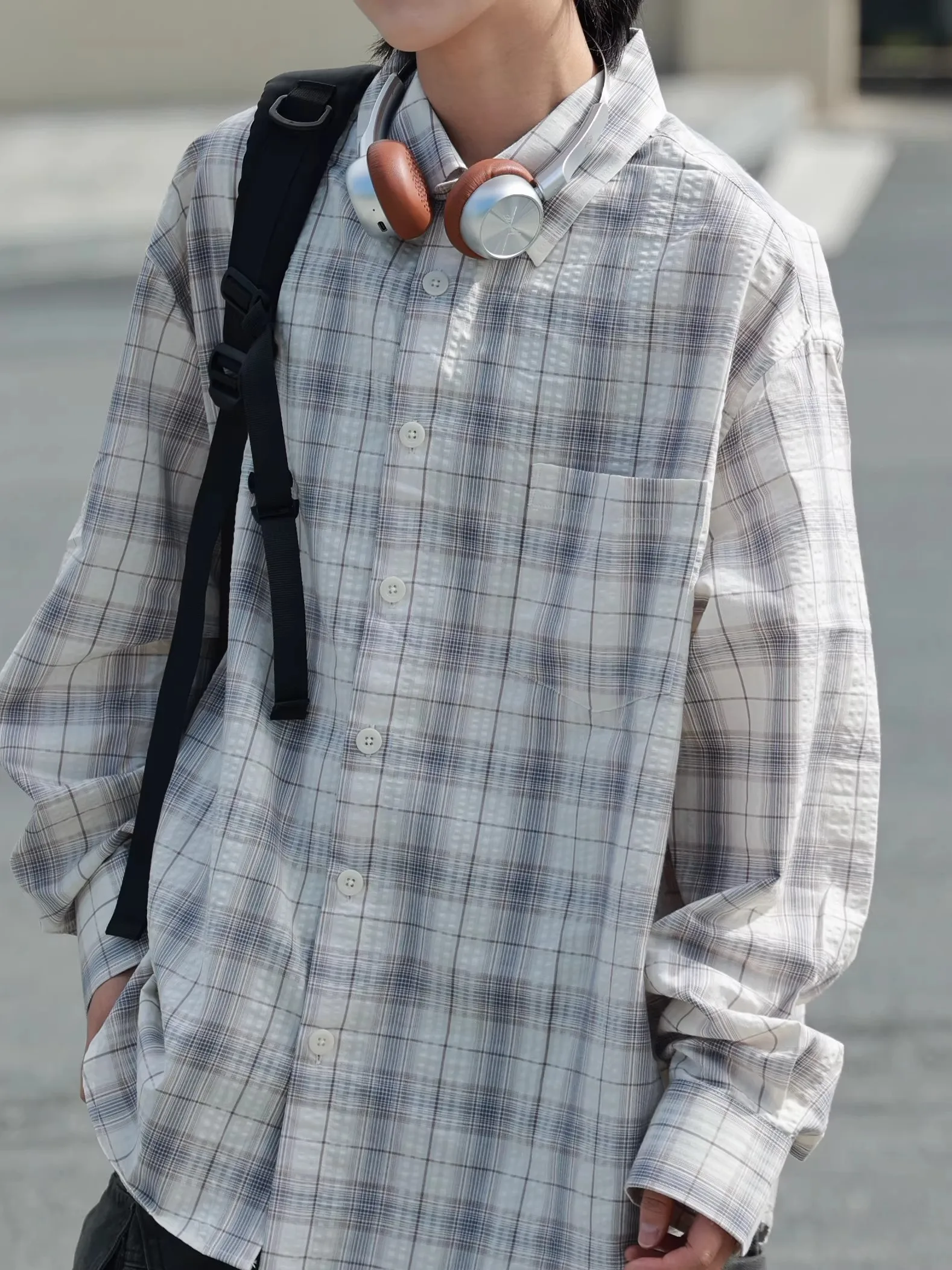 

Vintage Preppy Plaid Long Sve irt Bubble Fold Detailing Men's Women's Casual Wear Spring Autumn Seasonal Youth Faion