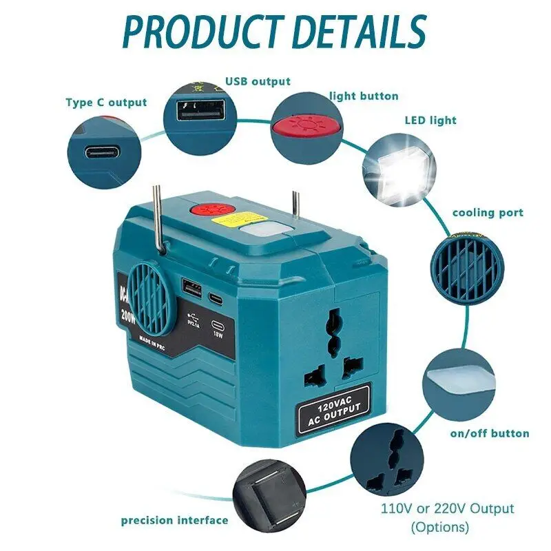 AC 220V Inverter Generator Power inverter LED Outdoor Camping Adapter Power Supply Tool For Makita DeWalt 18V Li-ion  Battery