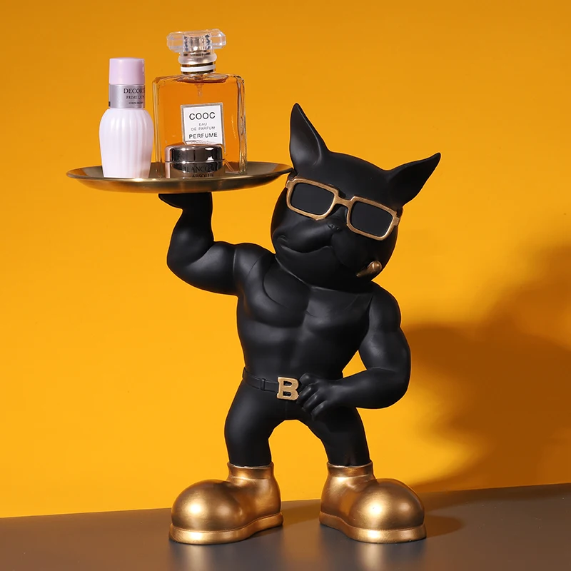 ブルドッグ像家の装飾筋肉犬樹脂彫刻キー収納飾りクールな犬の置物トレイホームインテリアデスク装飾
