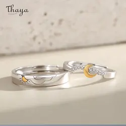 Thaya S925 Sterling Silver Women Ring Moon and Sun Adjustable Fashion Finger Ring for Couple Wedding Engagement Fine Jewelry