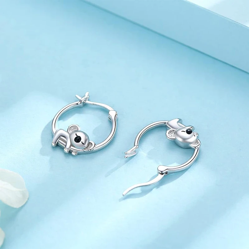 Huitan Chic Cute Koala Earrings Women Teen Girls Trendy Jewelry Simple Stylish Silver Color Ear Hoops Accessories for Daily Life