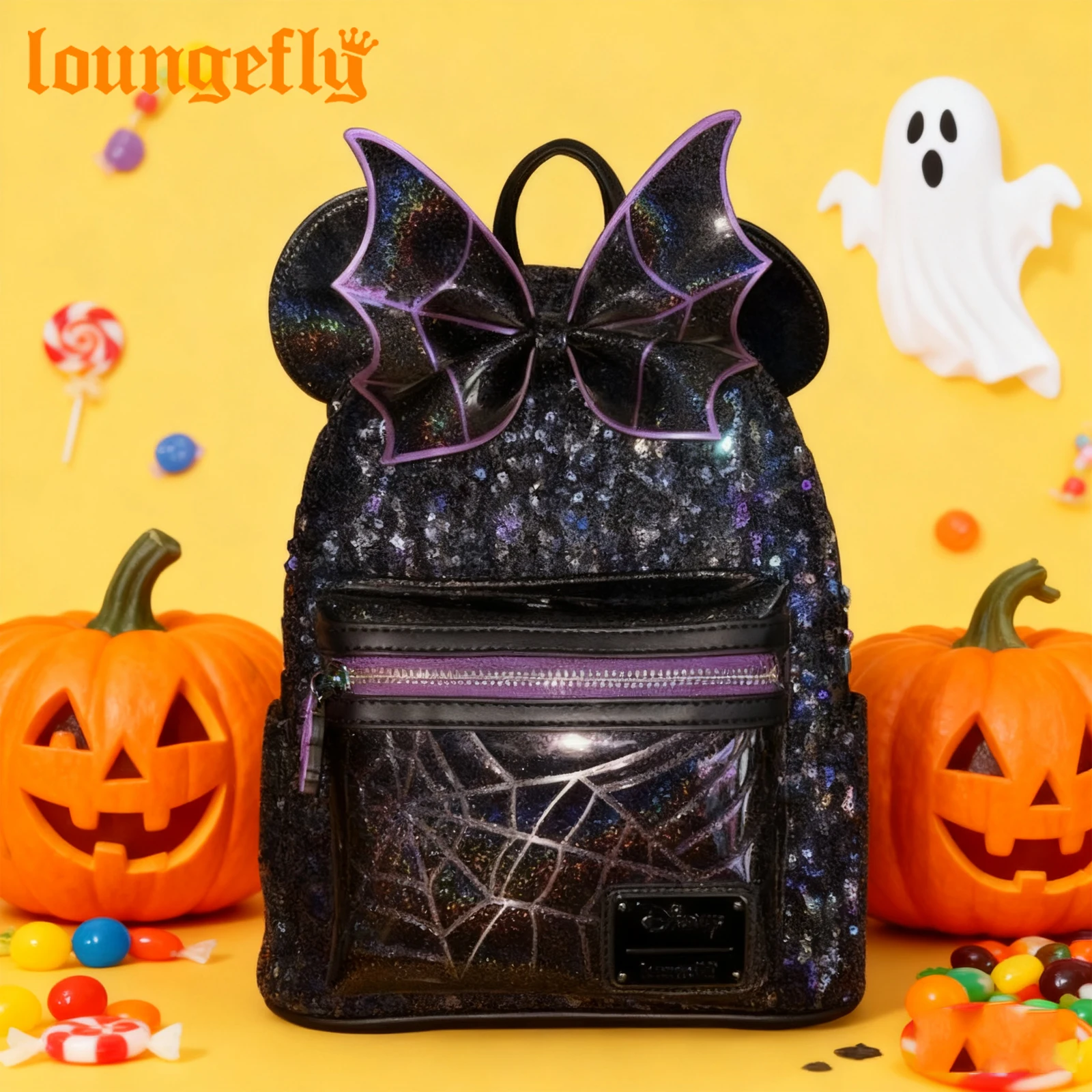 

New Loungefly Disney Halloween Minnie Mouse Spiderweb Sequins Mini Backpack