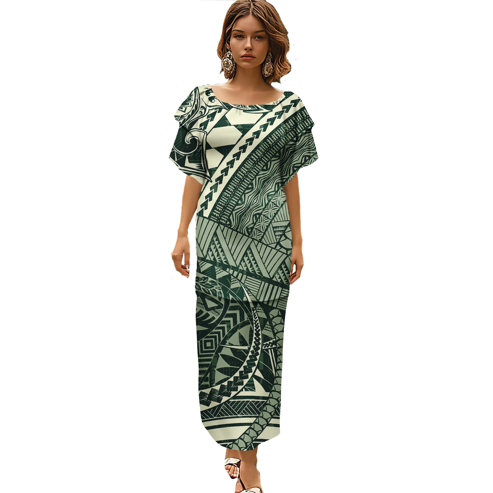 ชุดสตรี Samoan Puletasi เสื้อเชิ้ตและเดรสชนเผ่าโพลีนีเซียนขนาดบวกชุด 2 ชิ้นผู้หญิง