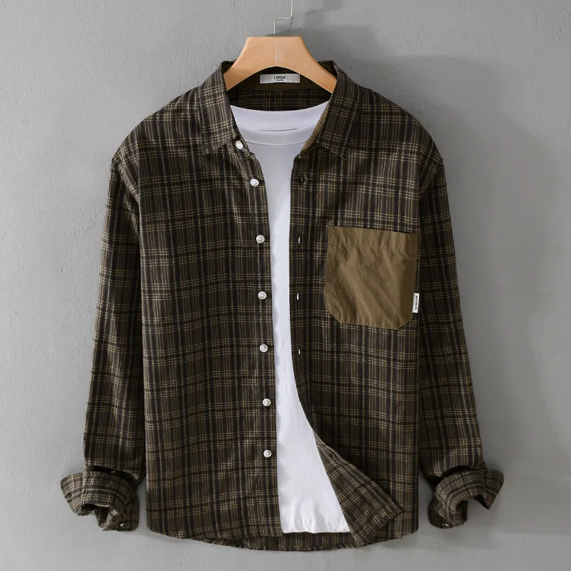 Vintage Plaid Men Shirts Long Sleeve Shirts For Men Clothing Solid Color  Casual Loose Soft Military Shirt Men Clothes 2024