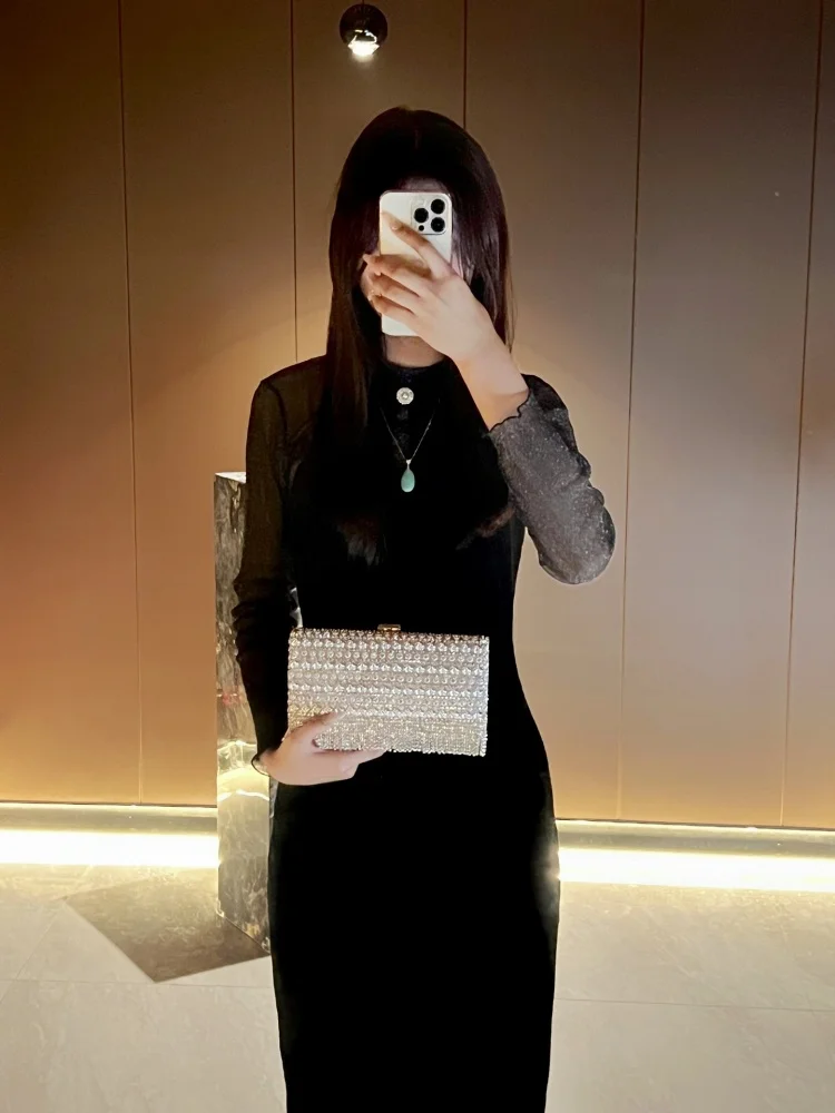 New Rhinestones Tassel Handbag High-end Flower Pattern Studded Diamond Evening Bag Light Luxury Sparkling Formal Prom Bag