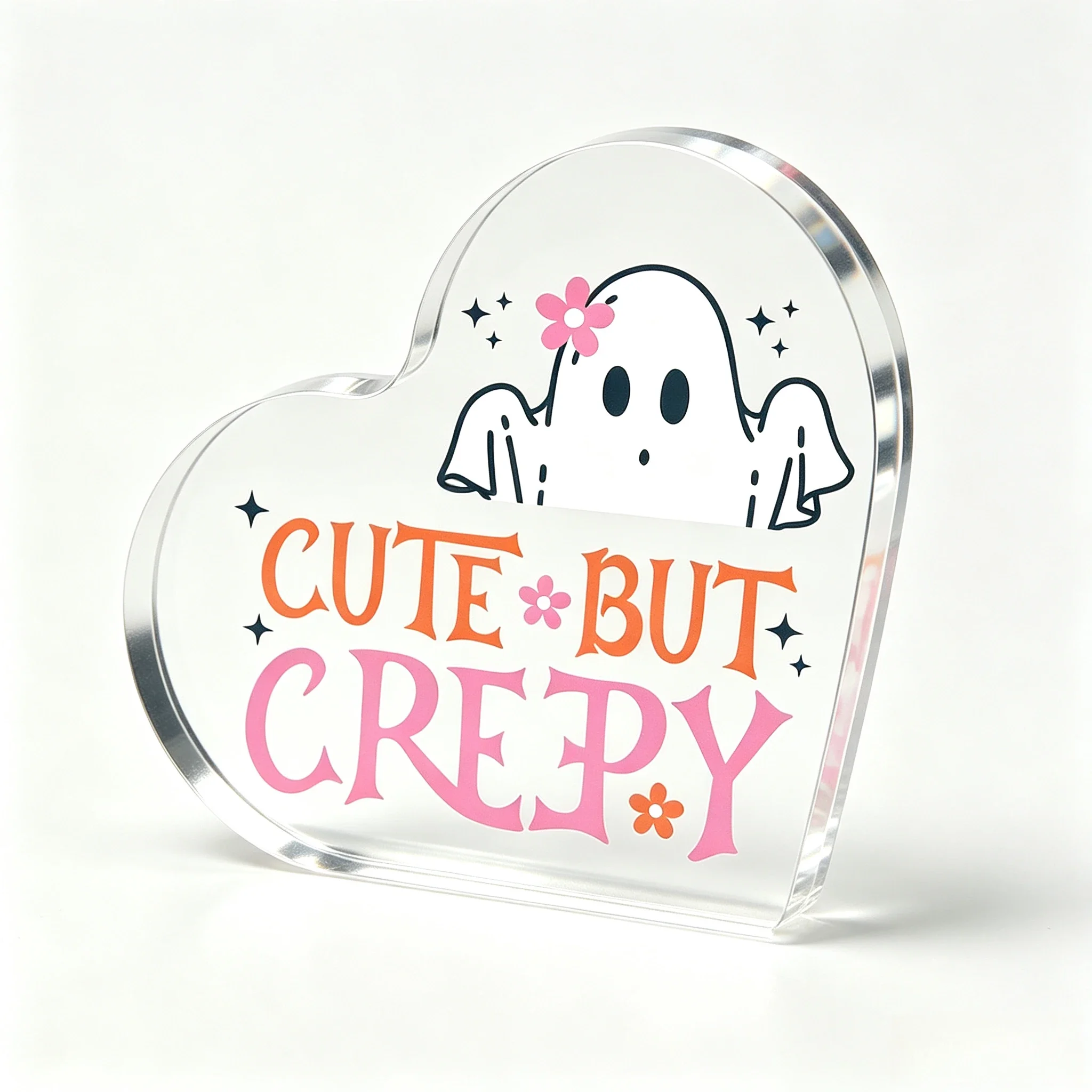 Cute But Creepy Heart‑Shaped Acrylic Plaque, Flower Ghost Halloween Desktop Decor