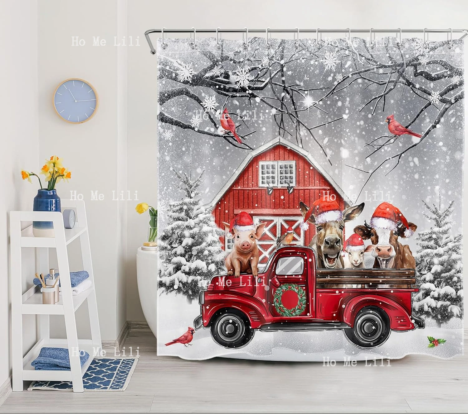 Farmhouse Christmas For Bathroom Funny Animal Pig Donkey And Red Truck Shower Curtain Bathroom Decorations