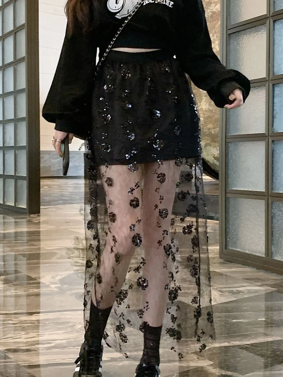 

Модная женская юбка с высокой талией, свободного кроя, с блестящими пайетками, сетчатая, средней длины, А-силуэт