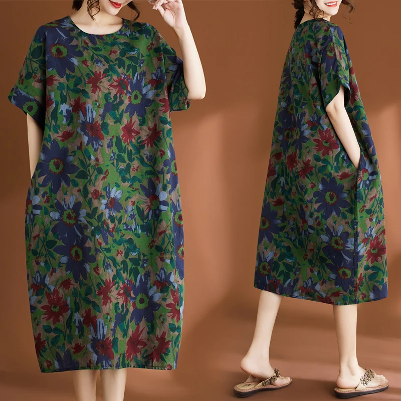 

Женское хлопково-льняное платье больших размеров, винтажное художественное этническое повседневное платье длиной до колена, круглый Ne ort Sve Dr