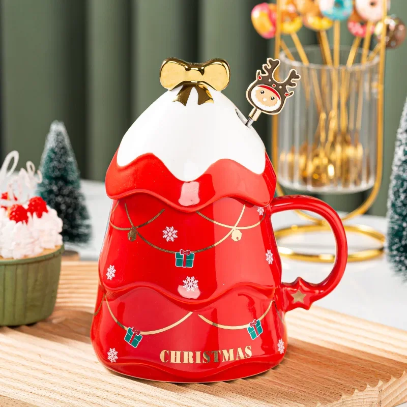 Cartoon Large Capacity Ceramic Mugs with Lid and Spoon Gift Ceramic Mugs, Christmas Tree Water Mugs Coffee Cups