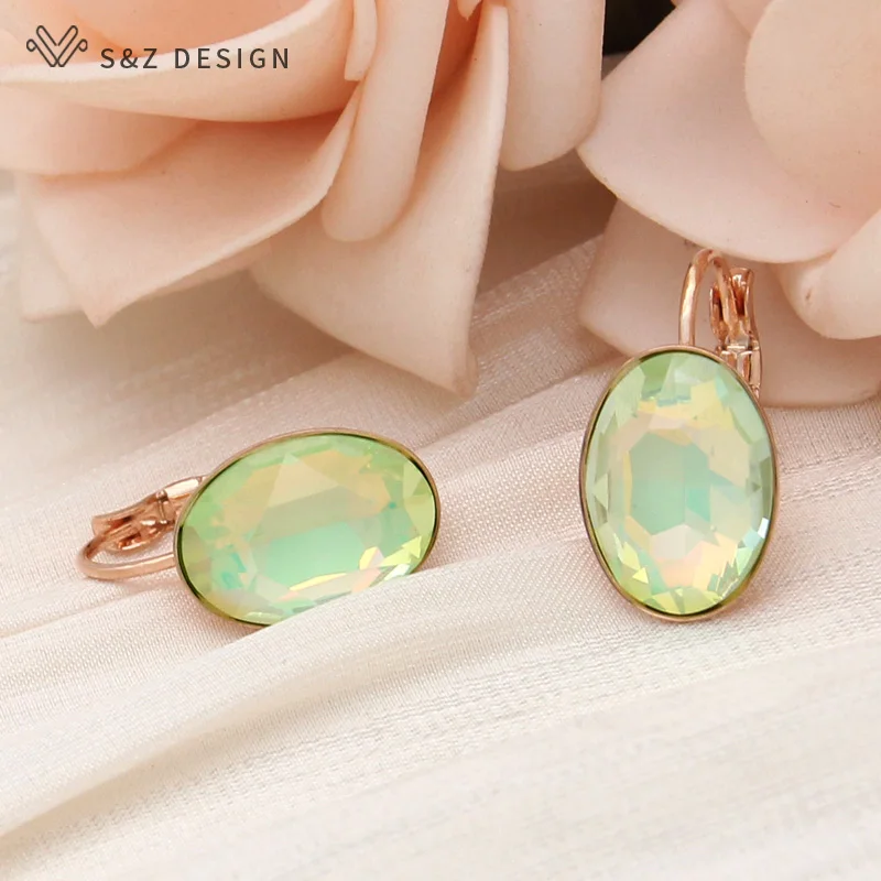 S&Z DESIGN New Fashion 585 Rose Gold Color Egg Shape Crystal Dangle Earrings For Women Wedding Elegant Jewelry Trendy Eardrop