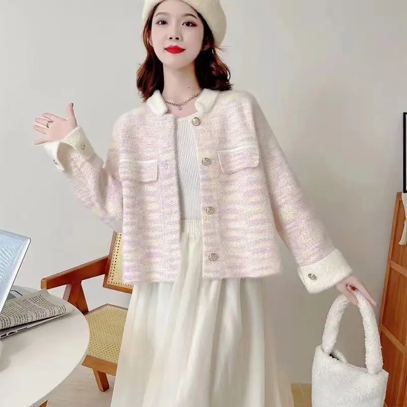 2025 New Autumn Winter Women Knit Cardigan Faux Mink Fur High Quality Thick Lapel Coat Elegant Sweater Top