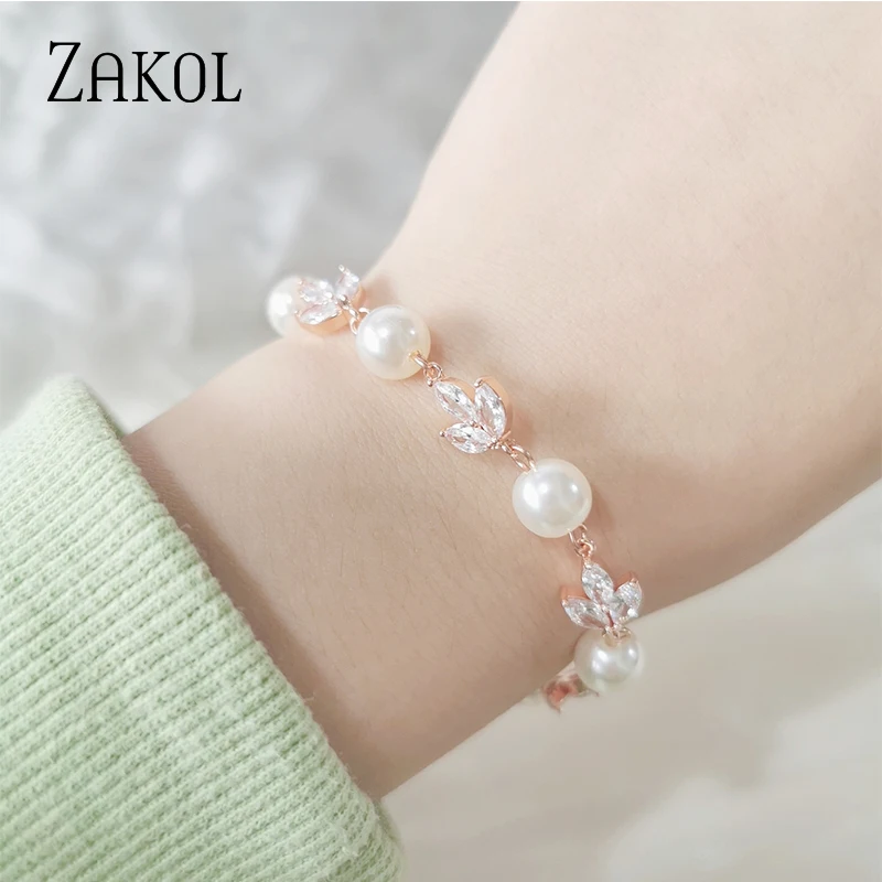 ZAKOL Korea Round Pearls Bracelets for Women Trendy Leaf Zirconia Wedding Engagement Party Jewelry