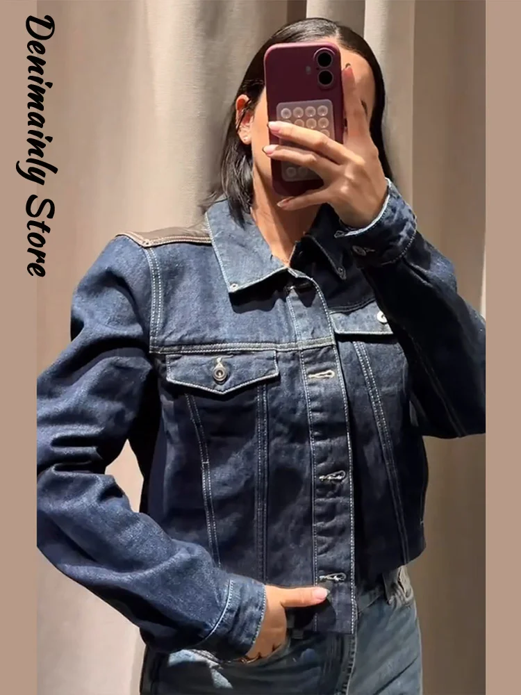 

Fashion Leather Patchwork Denim Jacket Women Lapel Long Sleeve Single Breast Pocket Slim Coat 2026 Spring Lady All-match Outwear